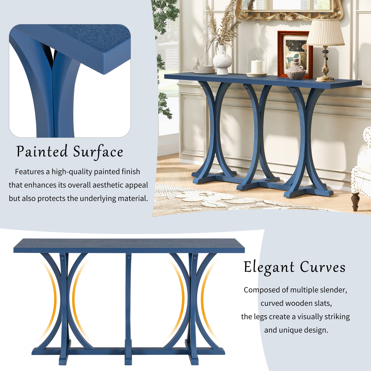 variant-group:rf-n711p295300v|Roomfitters 59.8" Console Table with Oak Veneer Top, Modern Arched Leg Entryway Sofa Table for Hallway & Living Room, Navy Blue