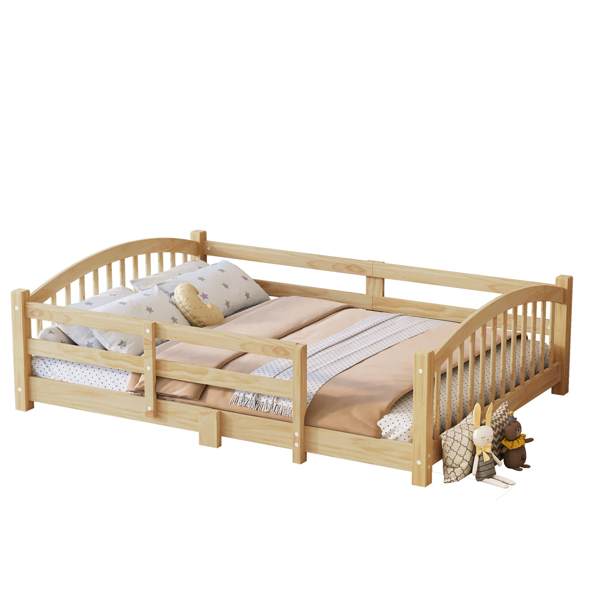 variant-group:rf-n733p400299n|Roomfitters Full Montessori Floor Bed with Guardrails, Solid Wood Low Platform Bed with Slats, Easy Assembly, Natural
