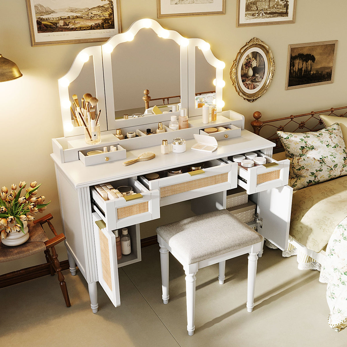 Roomfitters 44.37" Makeup Vanity with Lighted Tri-fold Mirror, French Vintage Rattan Dressing Table, Drawers and Stool, White Roomfitters