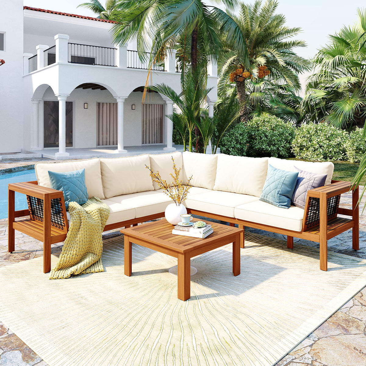 variant-group:rf-n704f201249n|Roomfitters 4-Piece Outdoor Sectional Sofa Set with Coffee Table and Built-in Side Shelves, Wood Frame, Beige+Teak