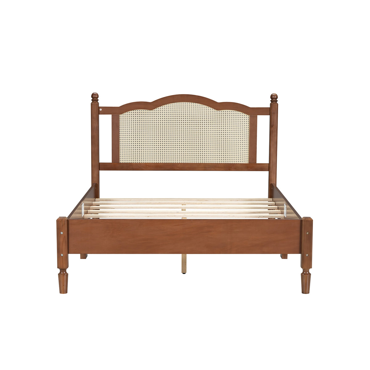 Roomfitters Full Size Wooden Platform Bed with Natural Rattan Headboard, Durable Vintage Bed Frame with Sturdy Wooden Slat Support for Rustic Sophistication, Walnut