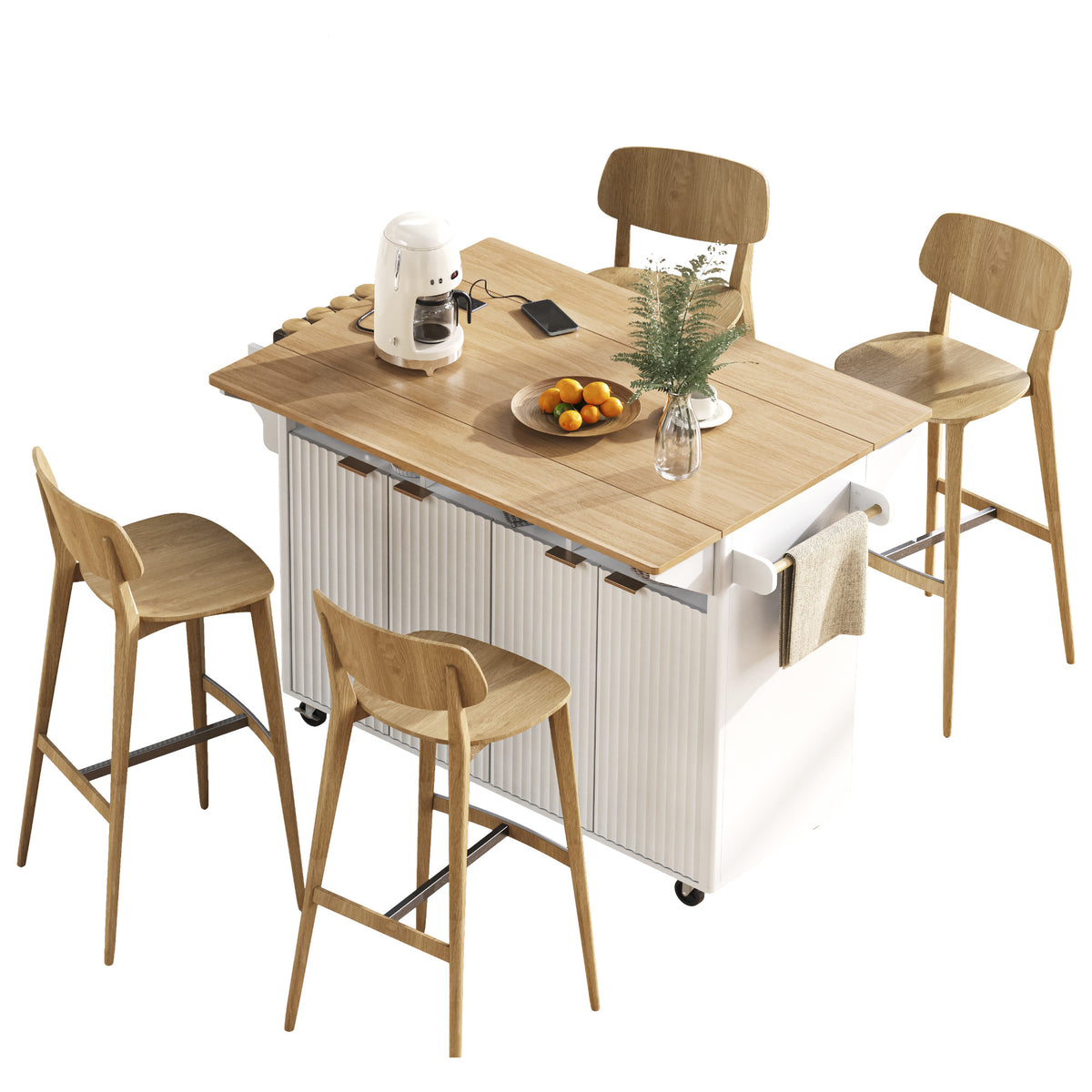 variant-group:rf-n707p353934w|Roomfitters 55.5" Fluted Kitchen Island with Double Drop Leaf, White Storage Cart with Power Outlet & Wood-grain Top