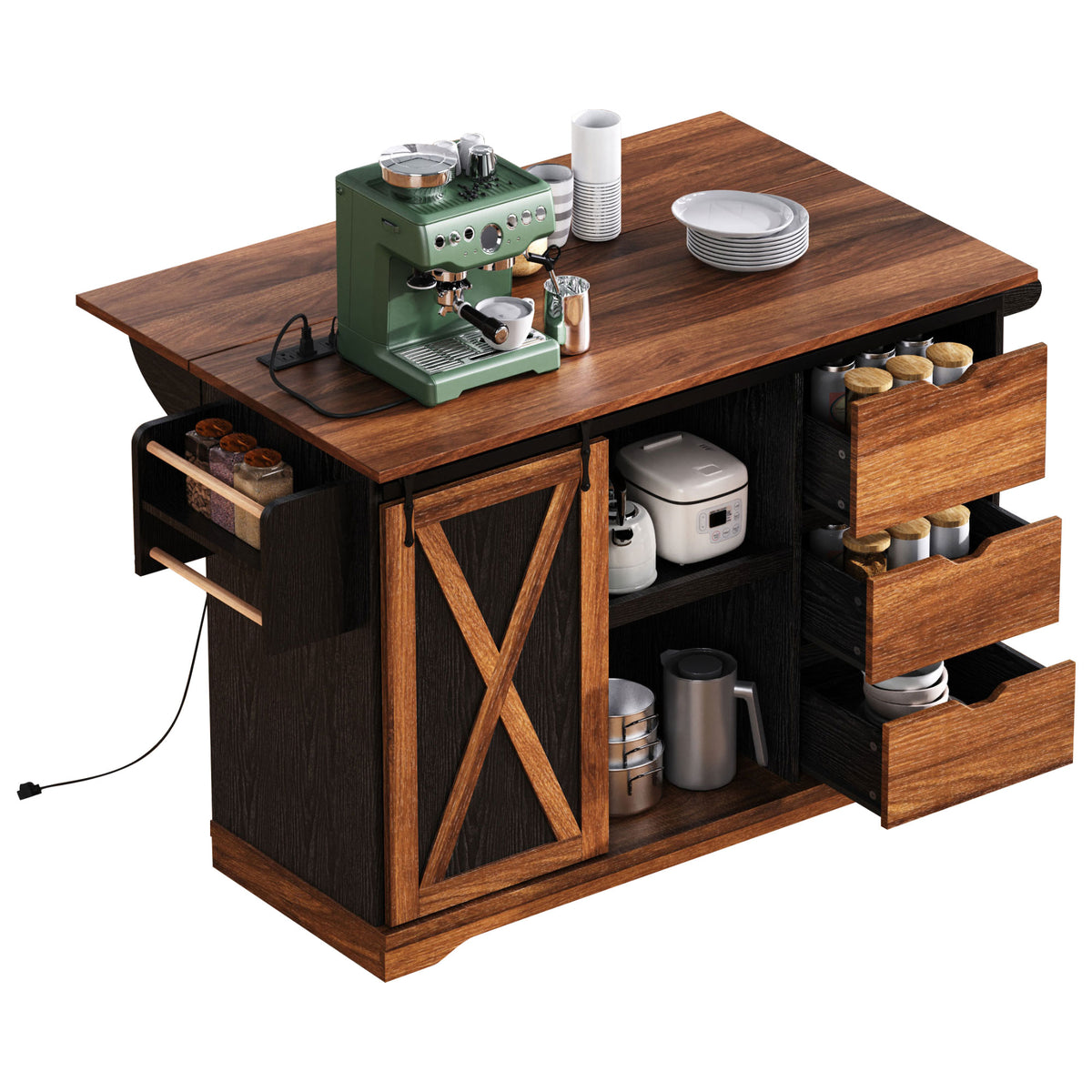 variant-group:rf-n707p288229b|Roomfitters 55.5" Rolling Kitchen Island with Drop Leaf, Mobile Kitchen Storage Cart with Sliding Barn Door, Power Outlets, Black