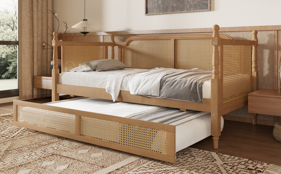 variant-group:rf-n701bs701p415494d|Roomfitters Full Size Traditional Rattan Daybed Frame with 2 Storage Drawers, French Country Wood Bed, No Box Spring, Walnut