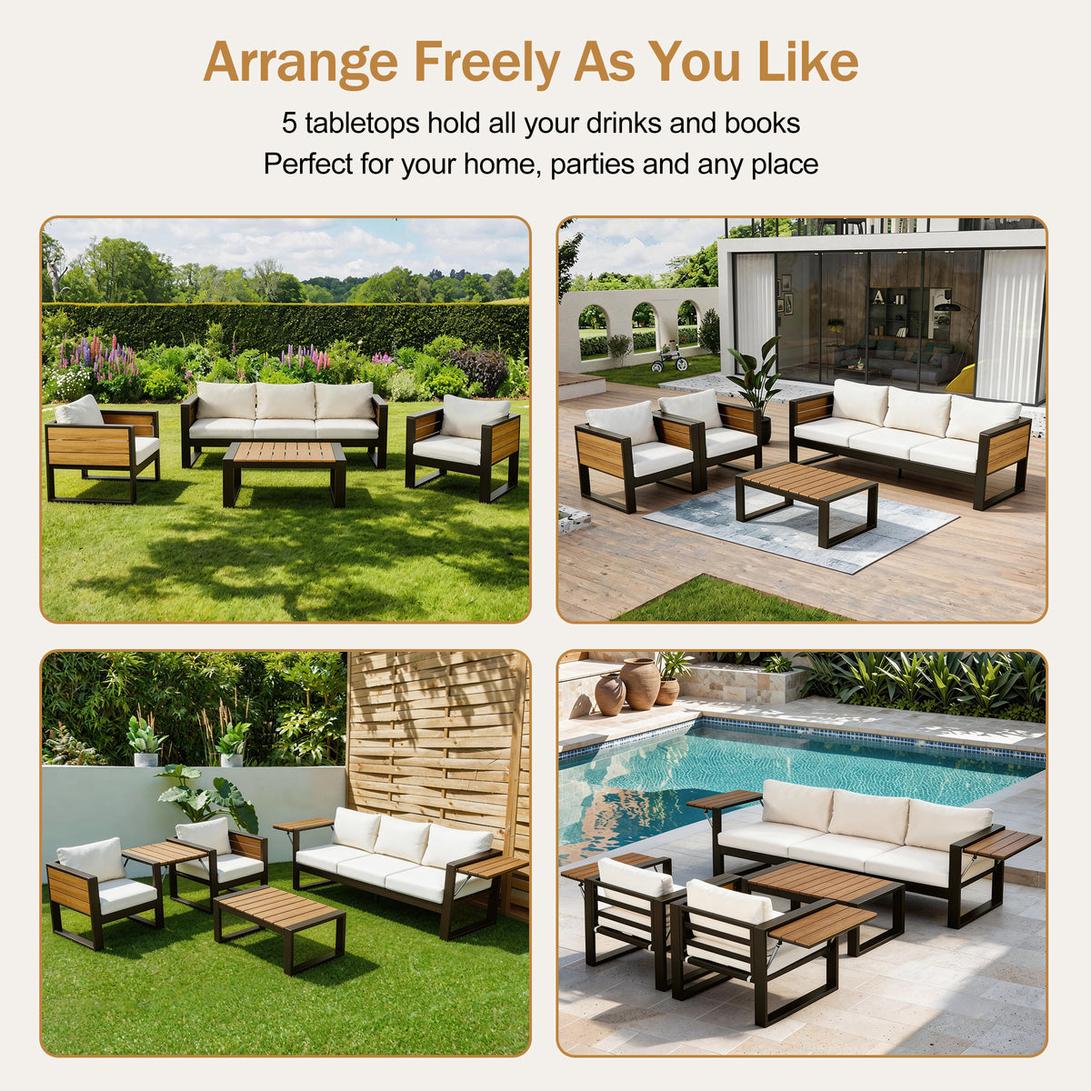 variant-group:rf-n704g201257a|Roomfitters 4-Piece Aluminum Patio Conversation Set with Four Fold-Out Side Trays and Slatted Coffee Table Beige