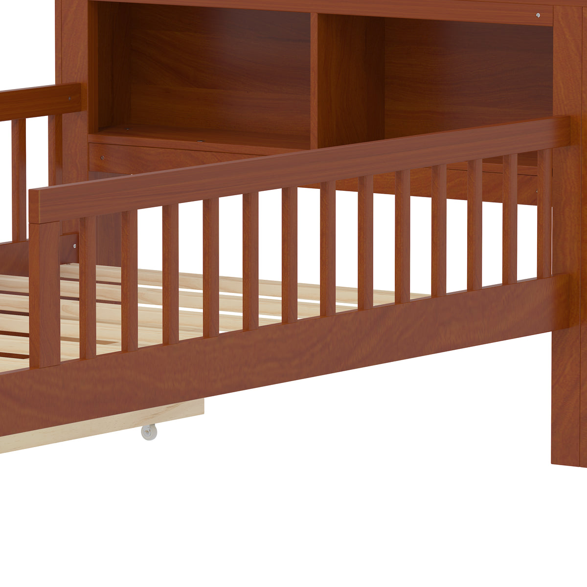 variant-group:rf-n733p272374d|Roomfitters Twin Bed with Headboard Storage Rack, Under-Bed Storage and Three-Side Guardrails, Walnut