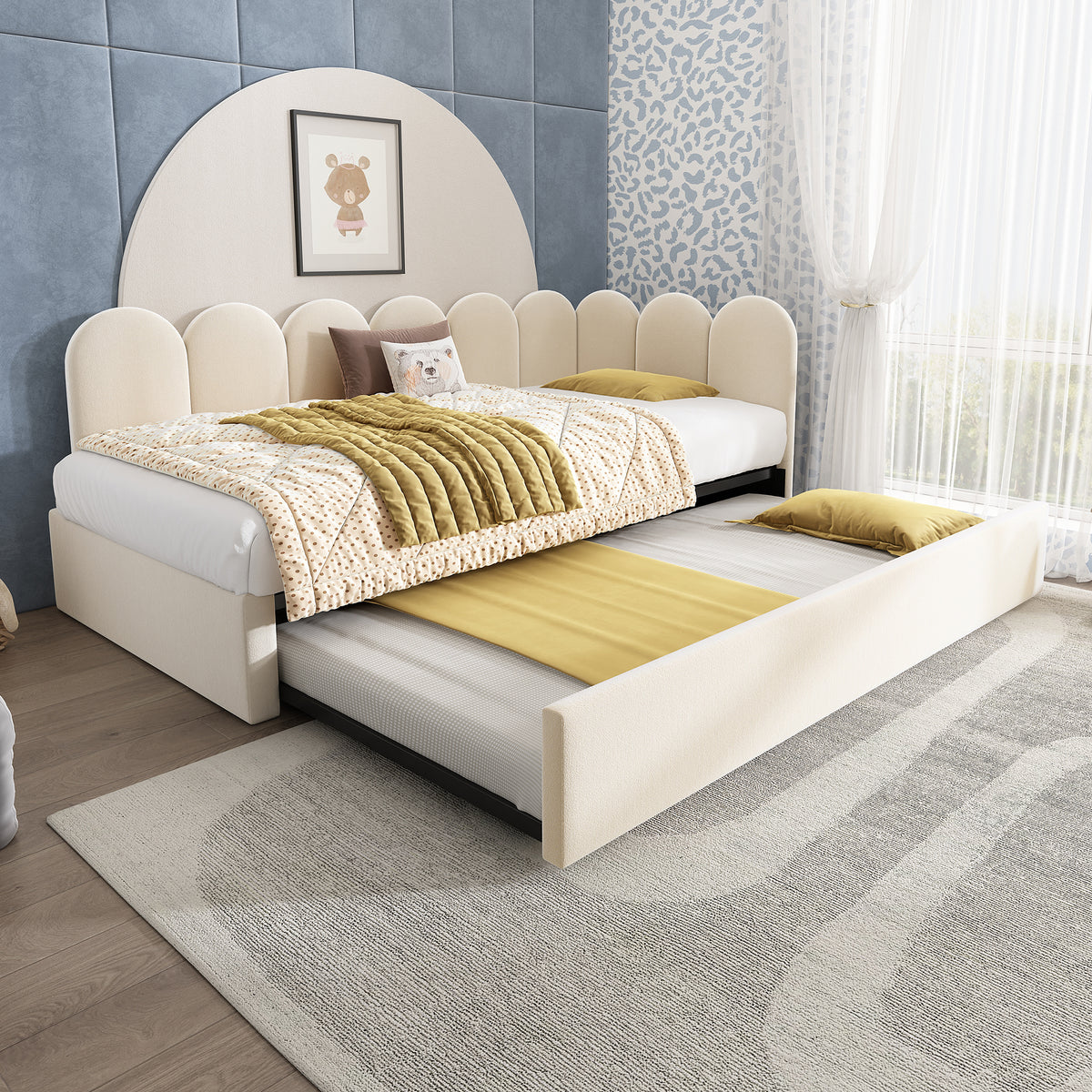 variant-group:rf-n736aa20362122b|Roomfitters Velvet Upholstered Twin Daybed with Pull Out Trundle, Sofa Bed with Metal Slat Frame, Beige