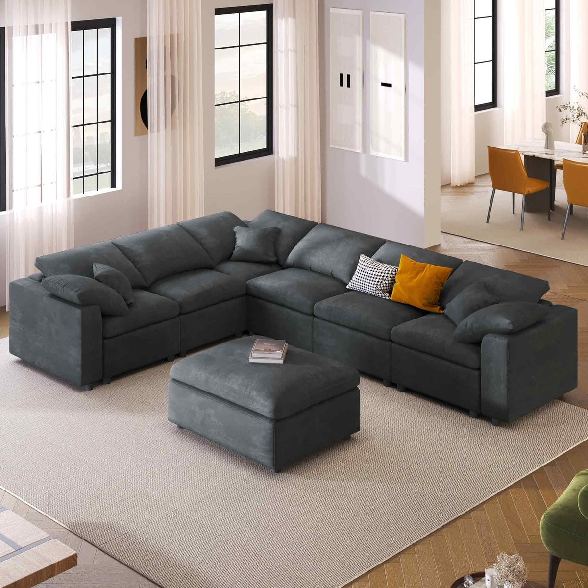 variant-group:rf-n711wy000453aae|Roomfitters 7-Seater Modular Sectional Sofa with Ottoman, Extra Large L-Shape Chenille Upholstered Couch, Gray