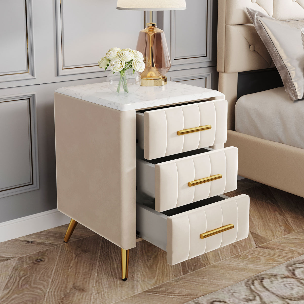variant-group:rf-n733p208520a|Roomfitters Upholstered Nightstand with 3 Storage Compartments, Metal Legs and Handles, Marble-Inspired Worktop, Beige