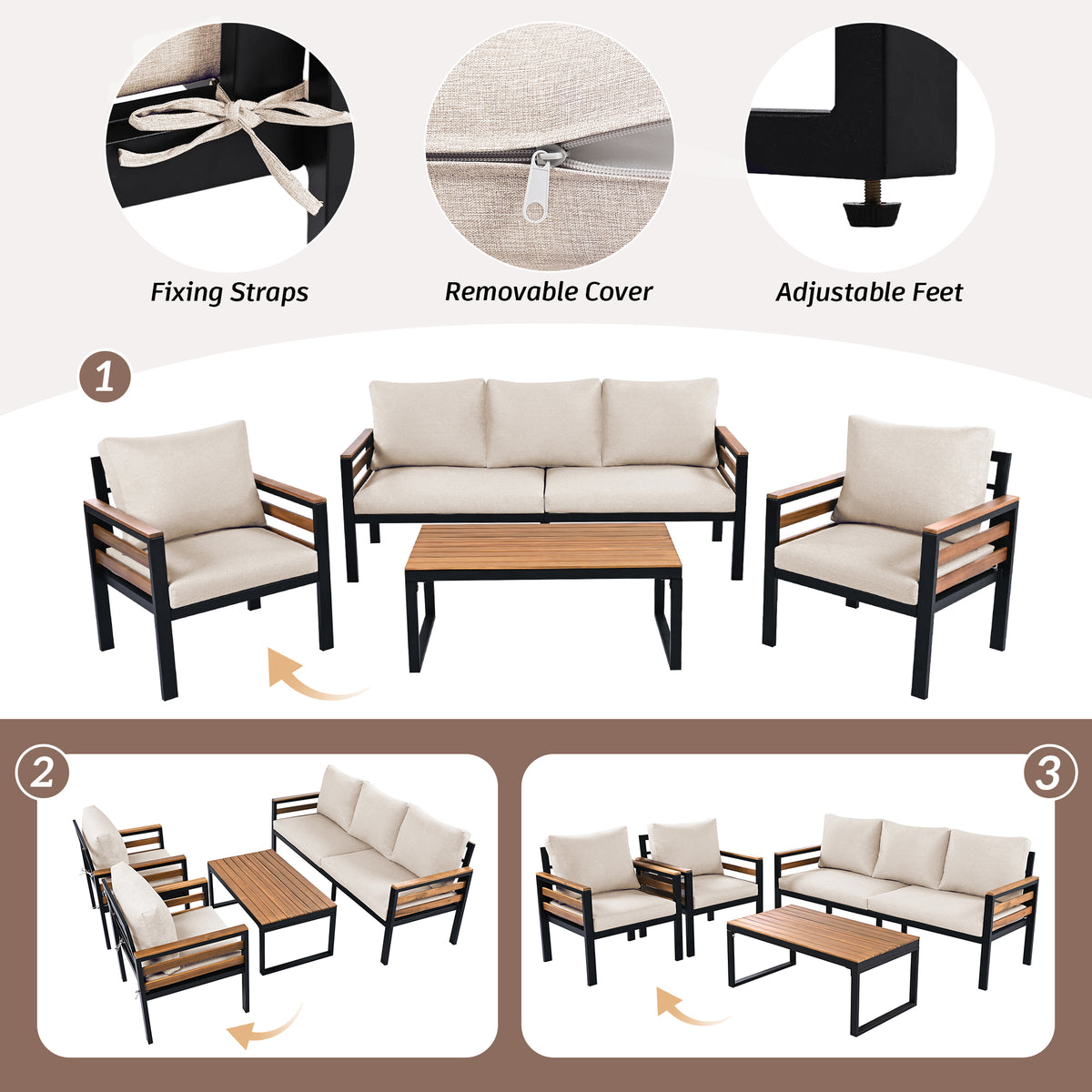 variant-group:rf-n704f201246a|Roomfitters 4-Piece Outdoor Patio Furniture Set with 3-Seater Sofa, 2 Armchairs and Coffee Table, Wood Accents, Beige