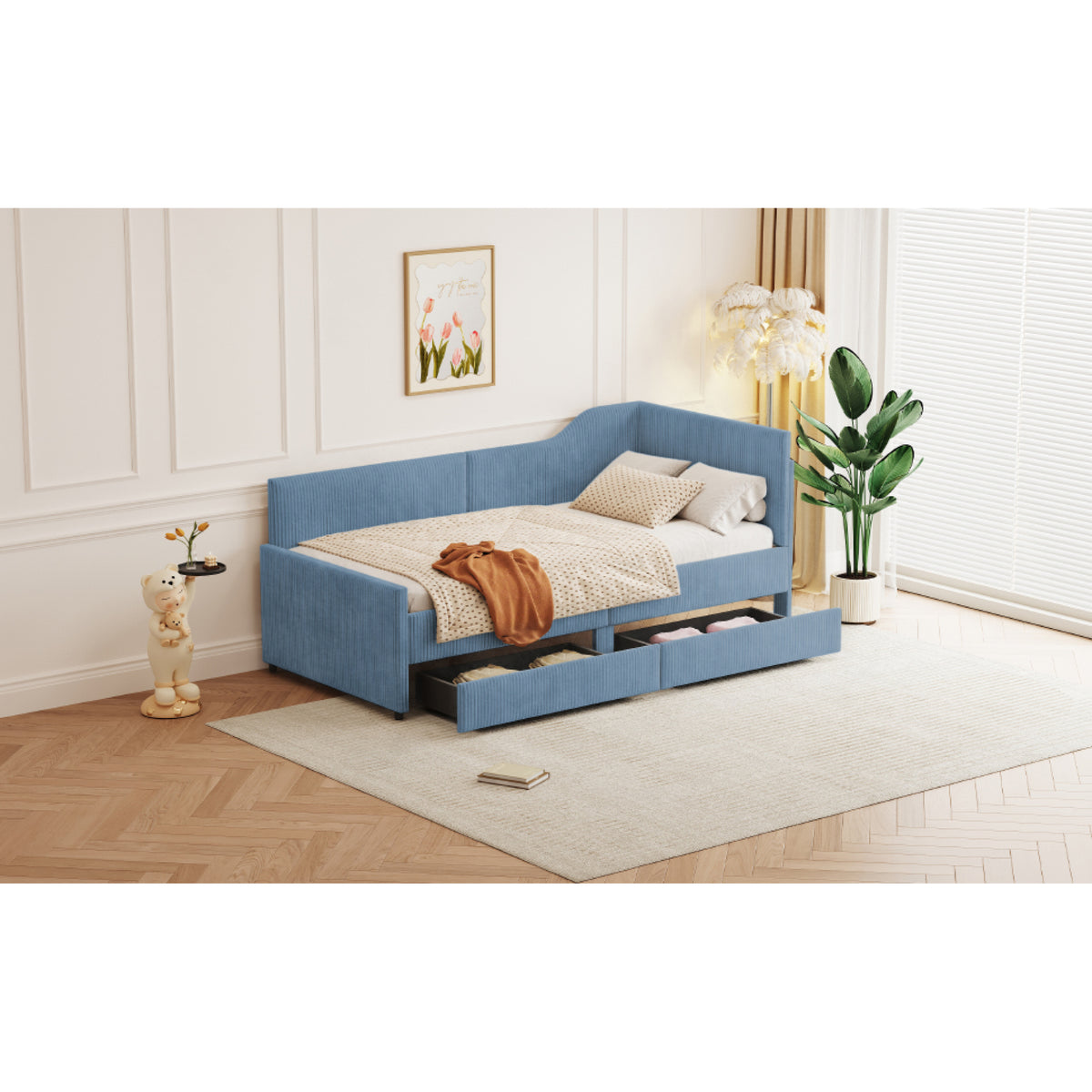 variant-group:rf-n733p171470c|Roomfitters Twin Size L-Shaped Corduroy Daybed, Upholstered Platform Bed Frame with 2 Spacious Storage Drawers for Functional Elegance, Blue