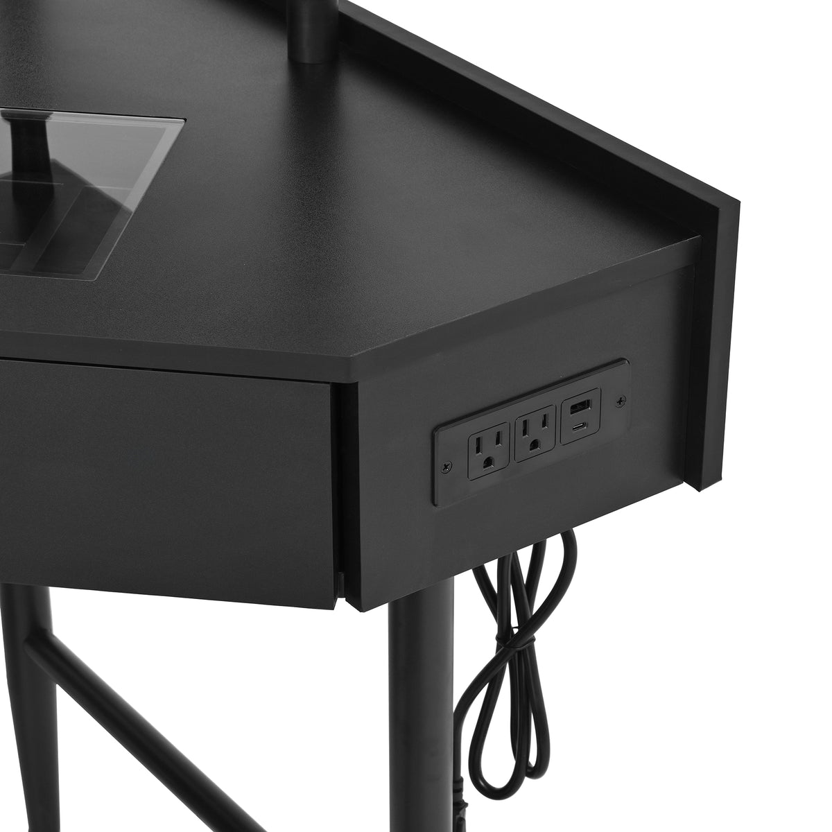 variant-group:rf-n733p336237b|Roomfitters Corner Vanity Desk Set with Stool, Charging Station, Glass Top, Drawer, Shelf, Pull-Out Cabinet, Black