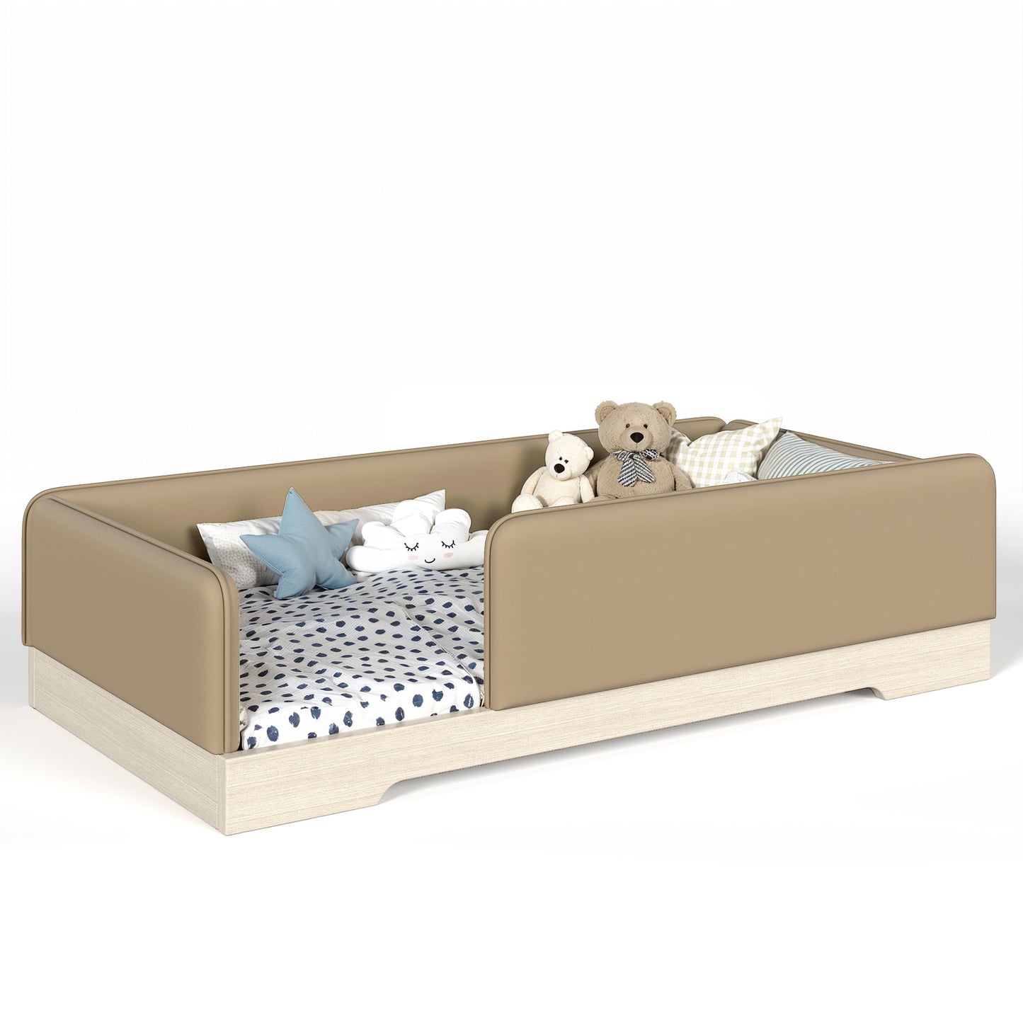 variant-group:rf-w1580p493126|Roomfitters Twin Size Upholstered Floor Bed Frame with Removable Guardrails, Faux Leather Low Profile Platform, Brown