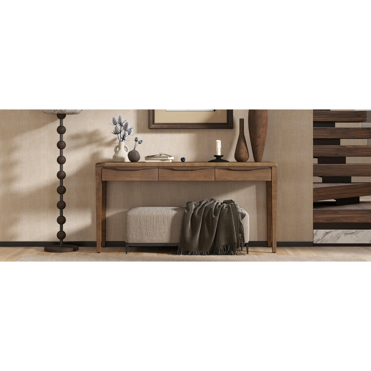 variant-group:rf-n711p401926d|Roomfitters Light Luxury Brown Oak Veneer Console Table with 3 Wavy Curved Drawers and Soft Rounded Corners