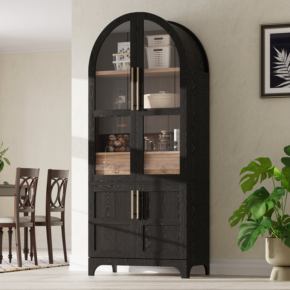 variant-group:rf-n707s288969b|Roomfitters 71" Pantry Cabinet with Arched Top & Glass Doors, 4-Door Storage Hutch with Adjustable Shelves for Kitchen, Black
