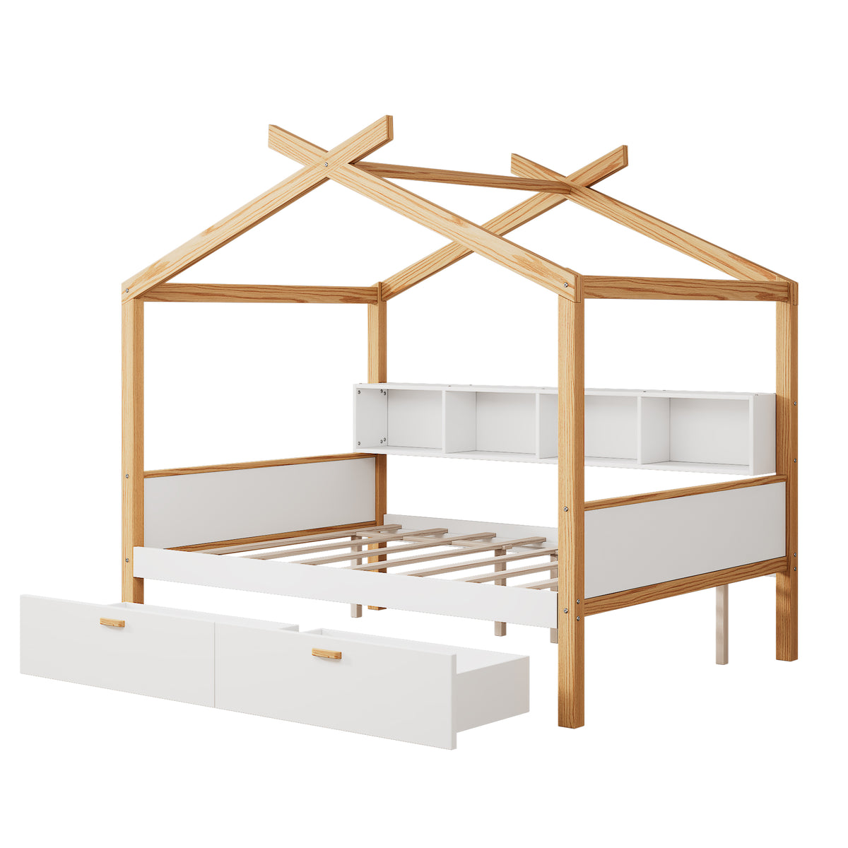 variant-group:rf-n701p443473k|Roomfitters Full Size Wooden House Bed Frame with 2 Drawers, Bookshelf Storage Furniture, No Box Spring, White Natural