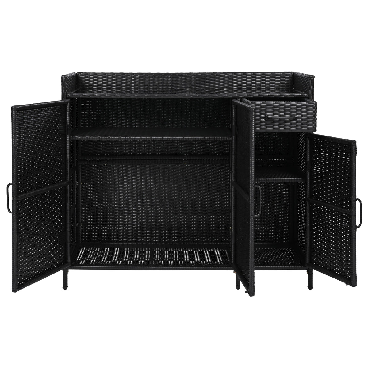 variant-group:rf-n707p233745b|Roomfitters 47.5" Wicker Outdoor Storage Cabinet, Rattan Bar Table with Glass Top, Adjustable Shelf, 3 Doors, Black Brown