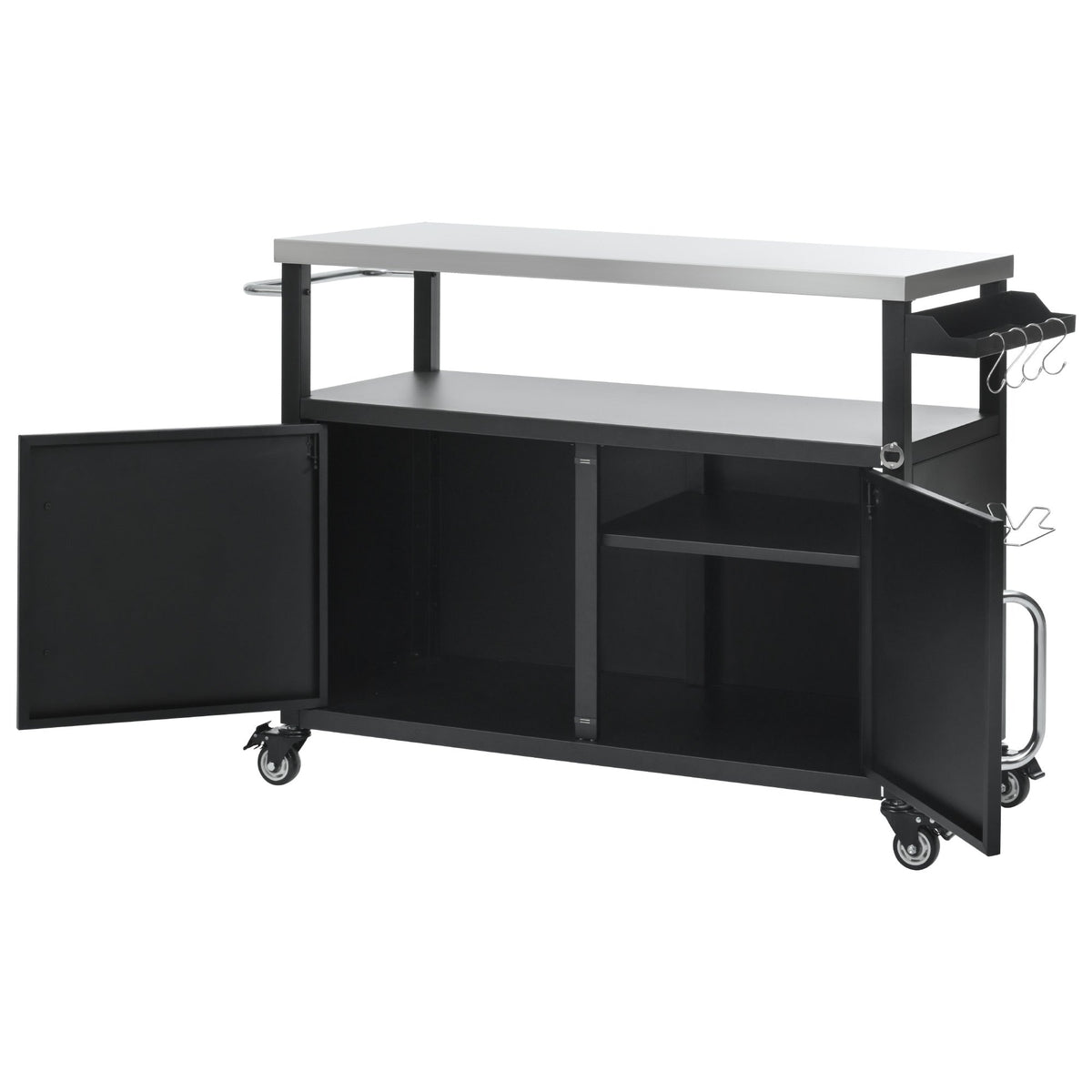 Roomfitters 54.5" Outdoor Kitchen Island with Stainless Steel Top, Rolling Grill Prep Cart with Propane Tank Storage, Black