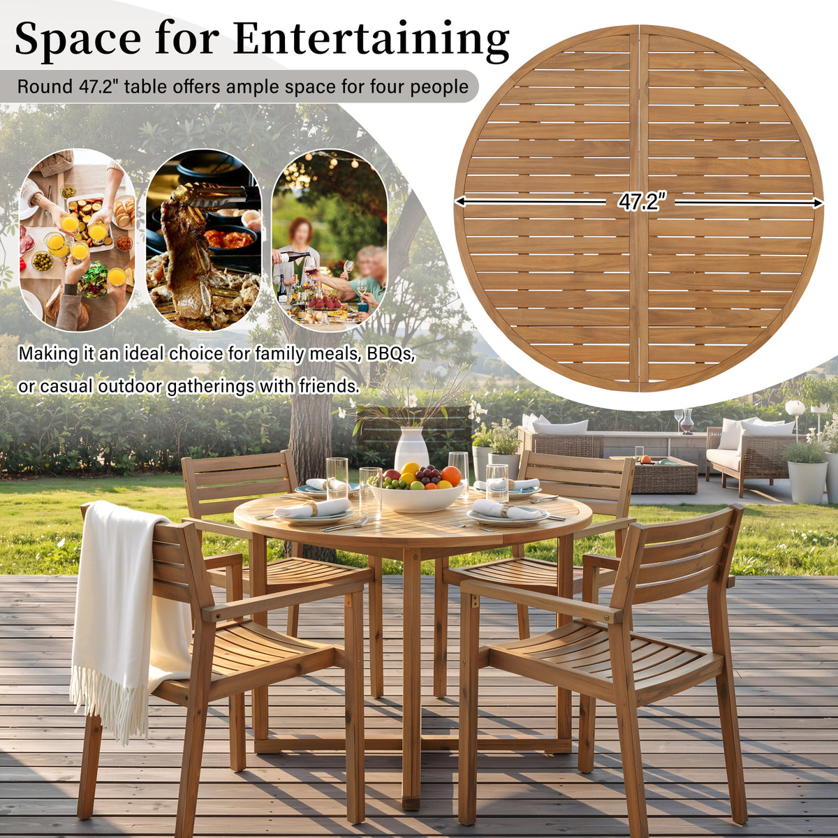 variant-group:rf-n711wy000475aao|Roomfitters 5-Piece Outdoor Dining Set for 4, 47.2-Inch Round Acacia Wood Table, Natural Brown Slatted Patio Group