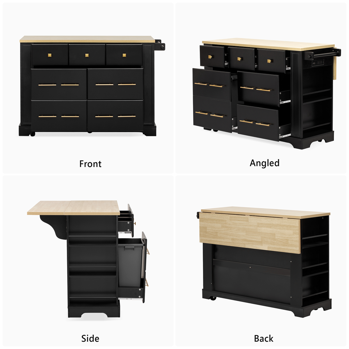 variant-group:rf-n707s307292b|Roomfitters 51" Kitchen Island with Power Outlet and Drop Leaf, Rolling Cabinet with Pull-Out Trash Can Drawer, Black