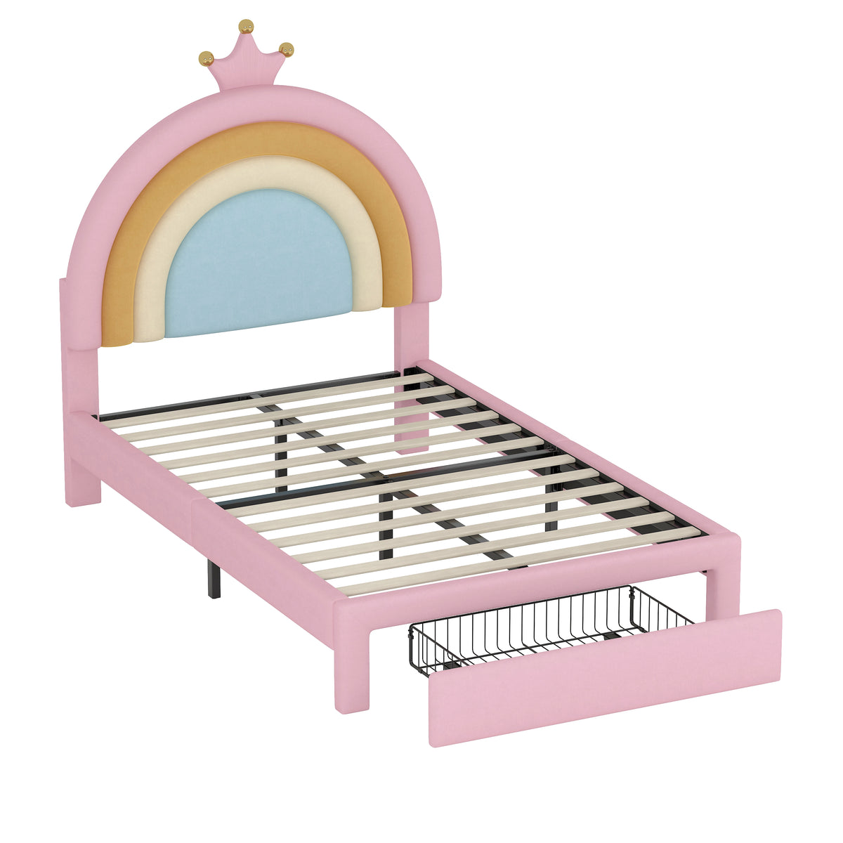 variant-group:rf-n733p234606h|Roomfitters Twin Size Upholstered Rainbow Design Bed, Velvet Princess Platform Bed with Storage Drawer, No Box-spring Needed, Colorful & Pink