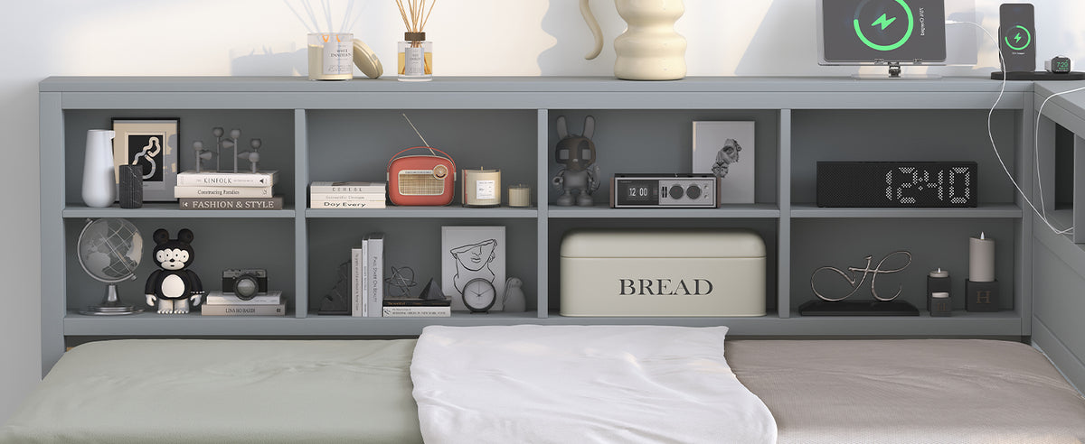 variant-group:rf-n733s347731e|Roomfitters Wooden Full Daybed with Twin Trundle, Storage Shelf & USB Charging Ports, Gray
