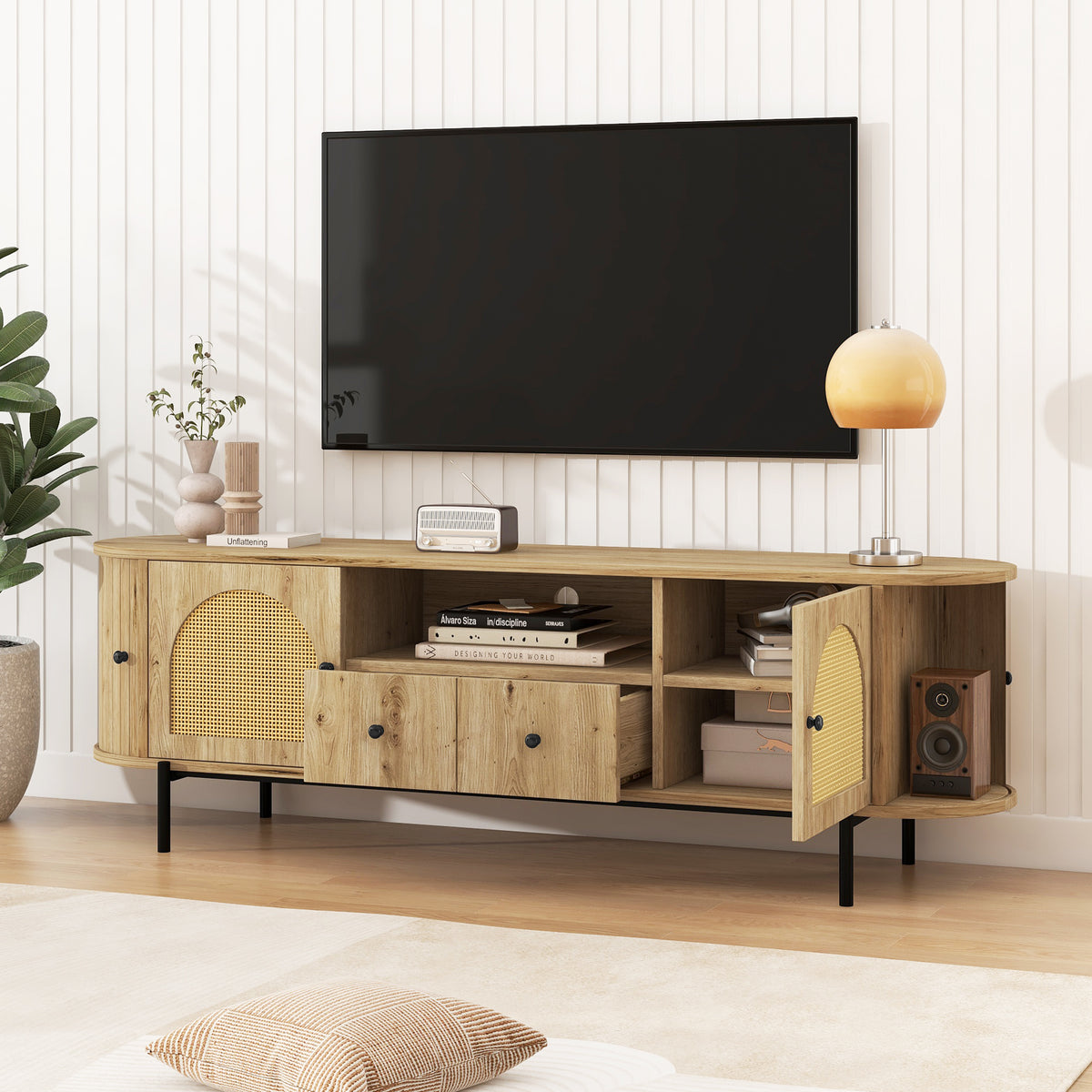 variant-group:rf-n724p437189d|Roomfitters American Style TV Stand with Rattan Arched Doors, Steel Legs, Burly Wood