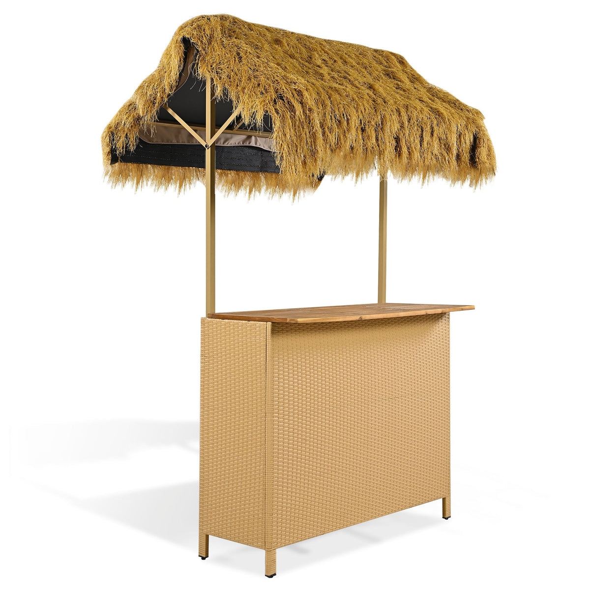 Roomfitters Bar Height Patio Set with PE Grass Canopy, Outdoor Bar Table and Stools, Hawaiian-style Acacia Wood Top, Natural Roomfitters