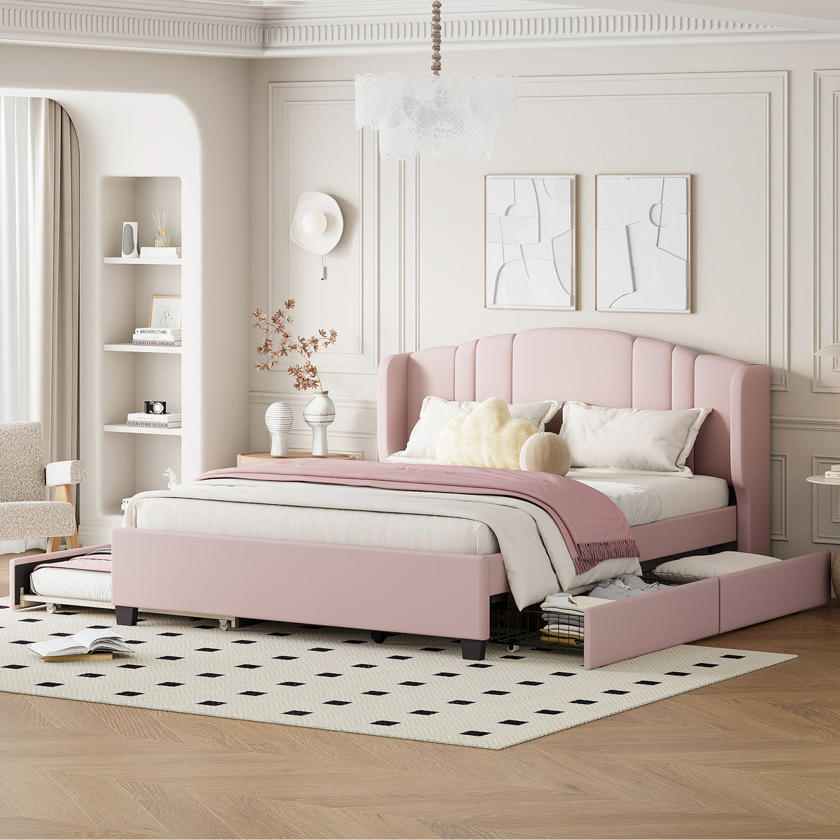 variant-group:rf-n733s208132h|Roomfitters Twin Size Trundle Upholstered Platform Bed with Wingback Headboard and 2 Drawers, No Box Spring Needed, Linen Fabric, Queen Size, Pink