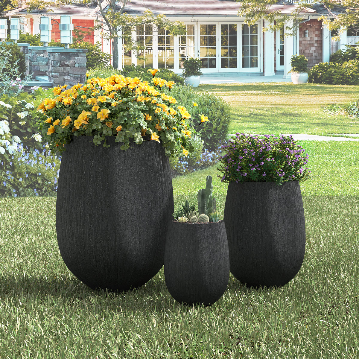variant-group:rf-n711p406659b|Roomfitters Modern Egg-Shaped MGO Planter Set, 3-Piece Textured Faux Stone Flower Pots, Black Patio Garden Urns