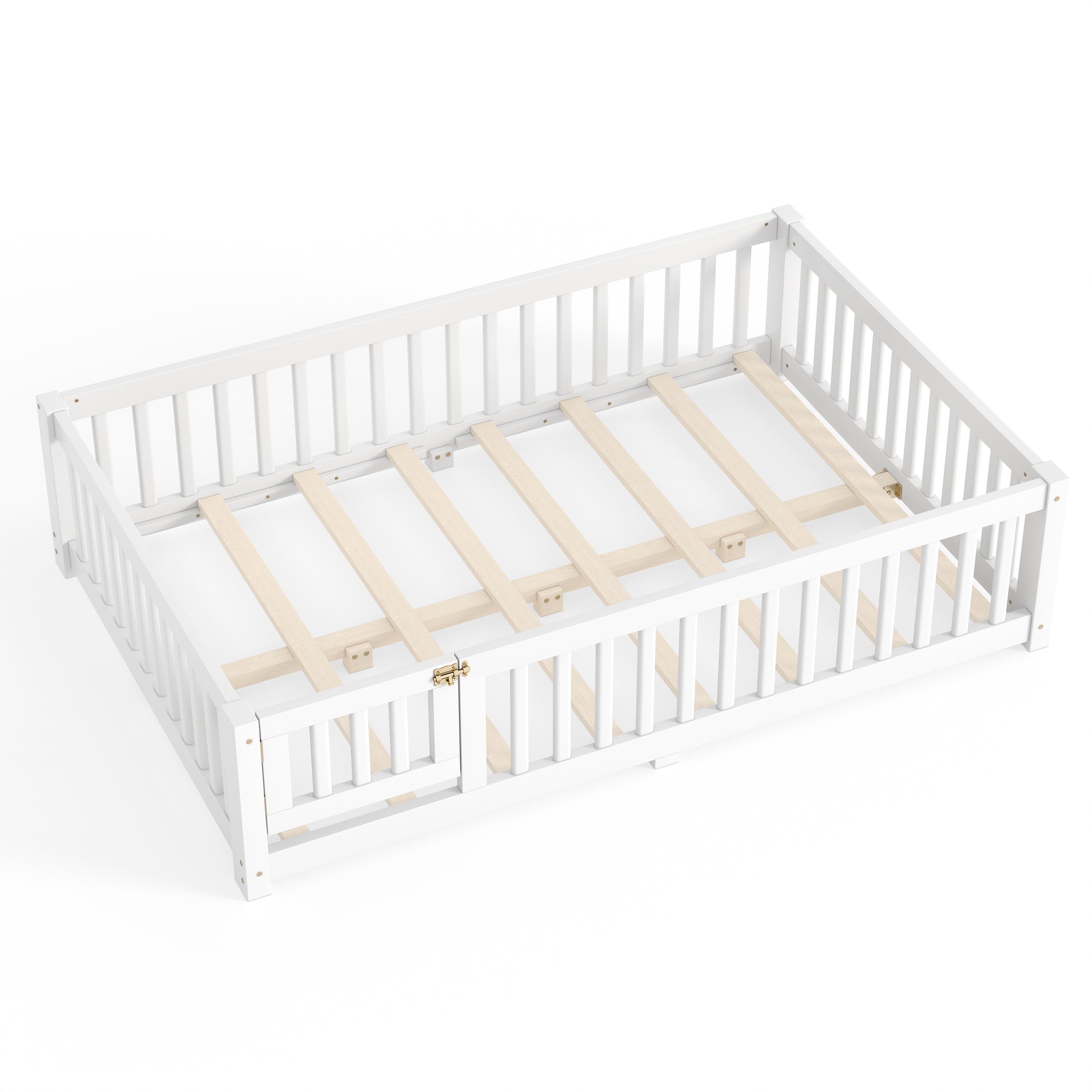 variant-group:rf-w1580p462317|Roomfitters Full Size Wooden Floor Bed Frame with Safety Guardrails Door, Solid Wood Low Profile Toddler Play Bed, White