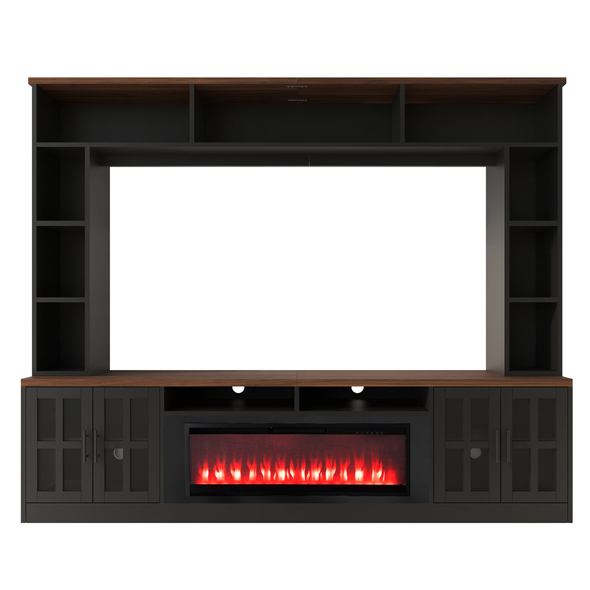 variant-group:rf-n724sj000159aab|Roomfitters 95.5"W Large Wall Unit Entertainment Center, 39" LED Fireplace, Black & Brown