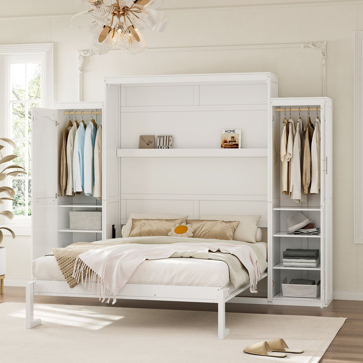 Roomfitters Queen Murphy Bed with Storage Cabinets and Shelf, Foldable Wall Bed Platform for Guest Room and Bedroom, White Roomfitters