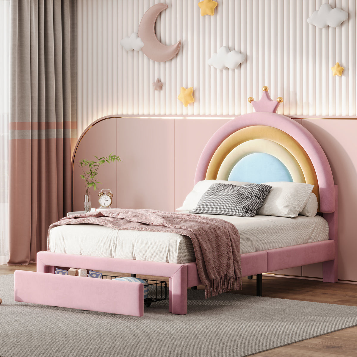 variant-group:rf-n733p234606h|Roomfitters Twin Size Upholstered Rainbow Design Bed, Velvet Princess Platform Bed with Storage Drawer, No Box-spring Needed, Colorful & Pink