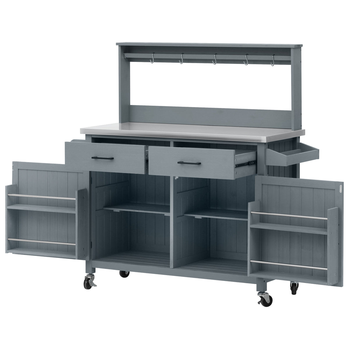 variant-group:rf-n707p409087g|Roomfitters 54.1" Grill Cart, Outdoor Kitchen Prep Station with Stainless Steel Top and Propane Tank Storage, Grey+Blue