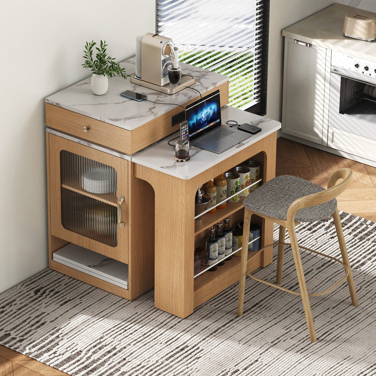 variant-group:rf-n707s000017y|Roomfitters 59.5" Kitchen Island with 41.8" Extendable Dining Table, Double-Sided Storage, Power Outlet, 2 Drawers, Natural