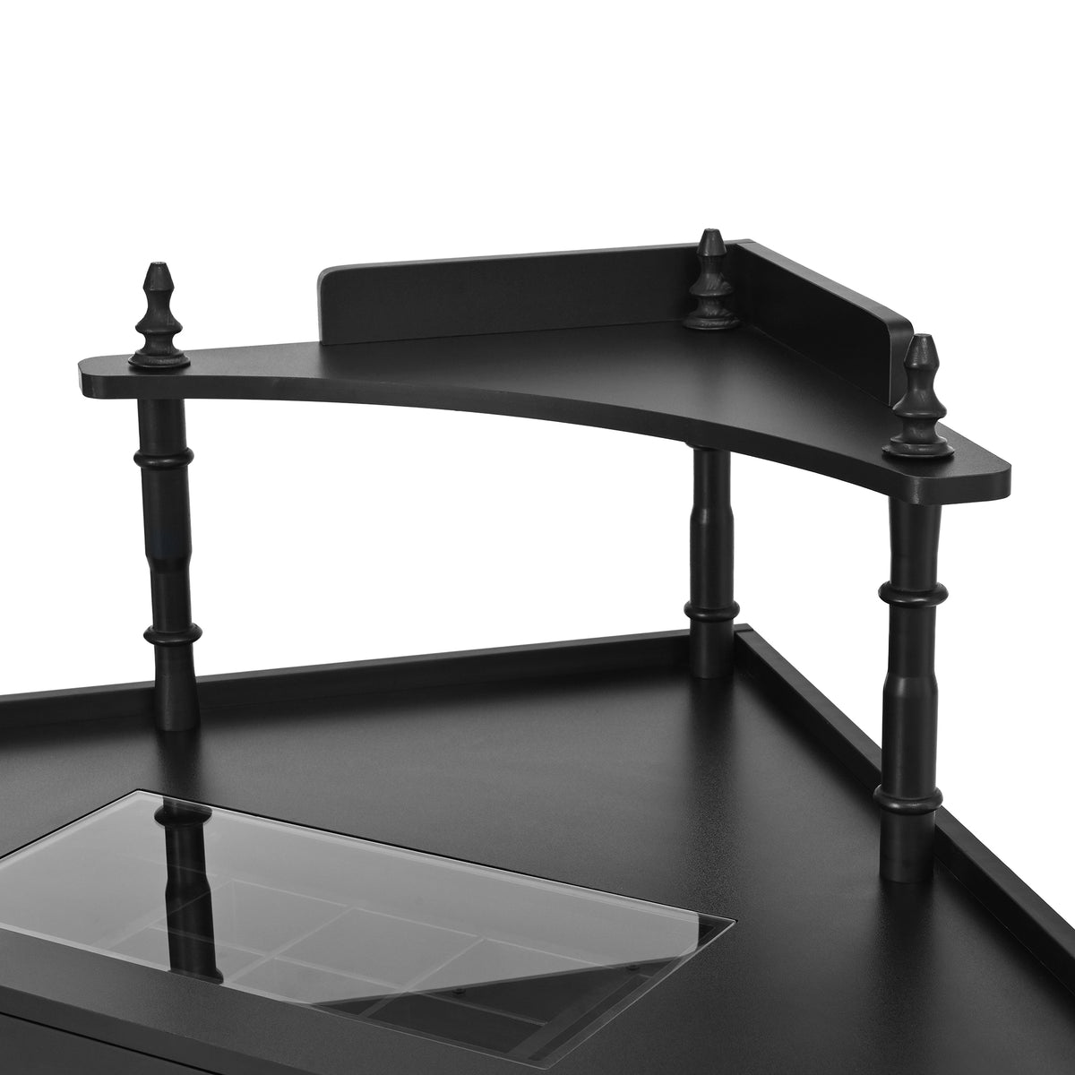 variant-group:rf-n733p336237b|Roomfitters Corner Vanity Desk Set with Stool, Charging Station, Glass Top, Drawer, Shelf, Pull-Out Cabinet, Black