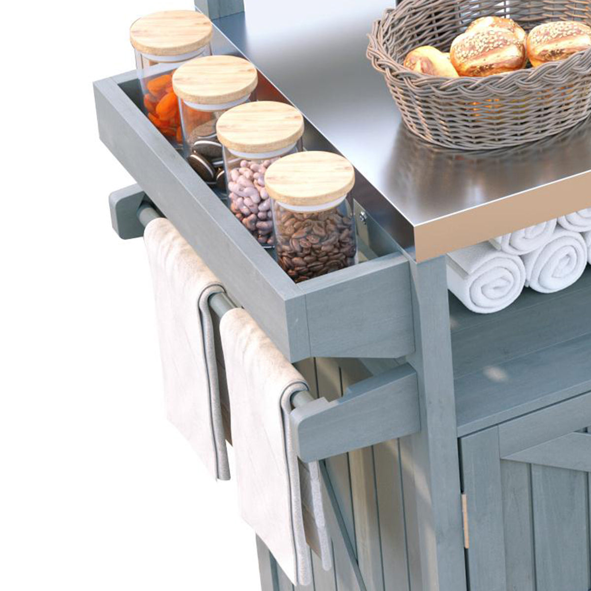 variant-group:rf-n707p250628g|Roomfitters 53.3" Outdoor Kitchen Island with Raised Shelf, Wood Storage Cabinet, Stainless Steel Top, Rolling Grill Cart, Grey Blue