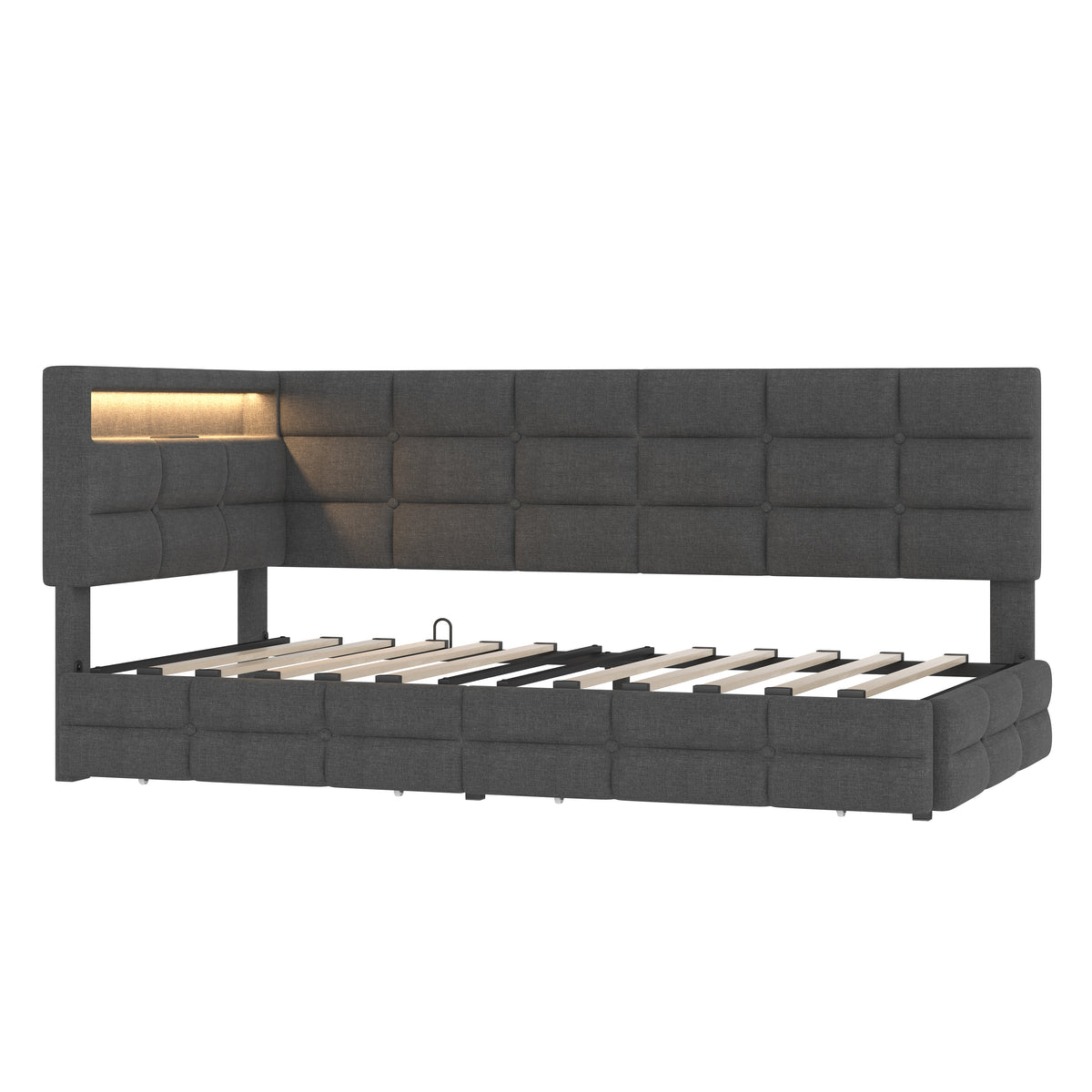 variant-group:rf-n733p285121e|Roomfitters Upholstered Twin Size Daybed with Storage Drawers and Charging Station, Bed Frame with Storage Headboard, No Box Spring Needed, Gray