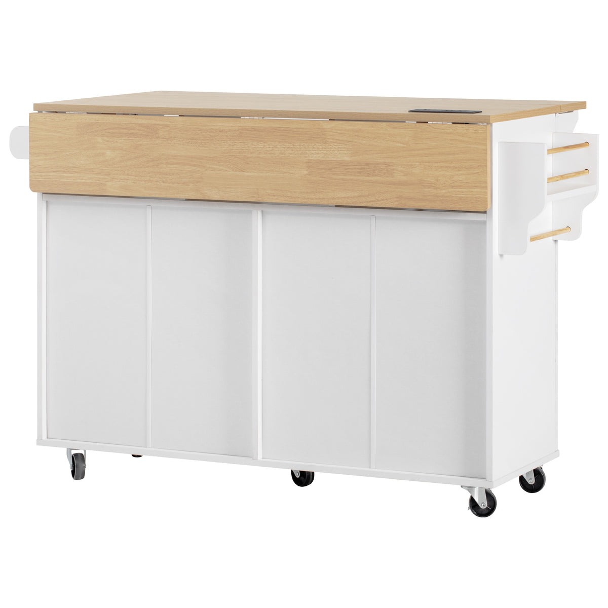 variant-group:rf-n707p353934w|Roomfitters 55.5" Fluted Kitchen Island with Double Drop Leaf, White Storage Cart with Power Outlet & Wood-grain Top