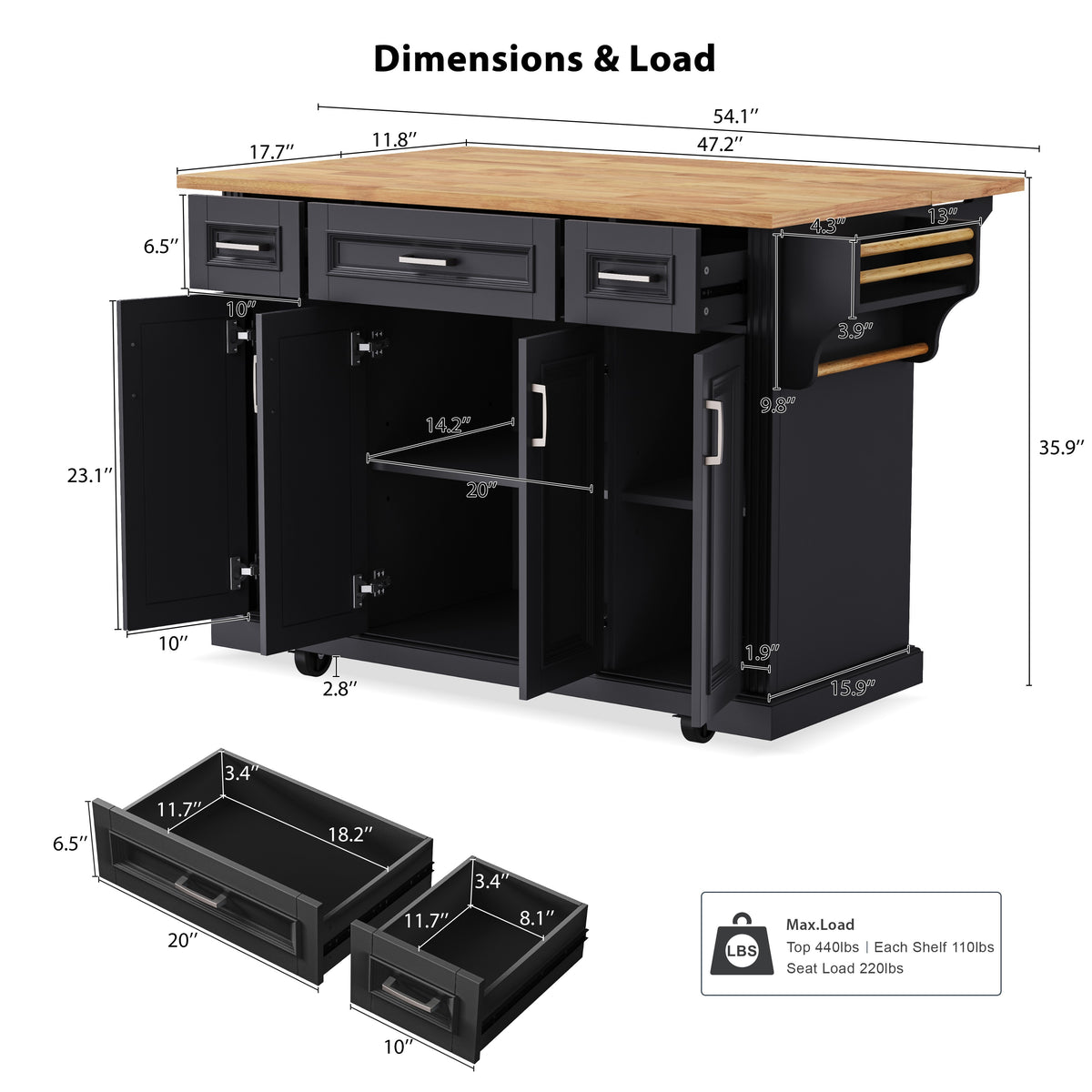 variant-group:rf-n707s195395b|Roomfitters 54" Kitchen Island with Wood Top, Rolling Storage Cabinet with 3 Drawers and 3 Doors, Spice Rack, Black