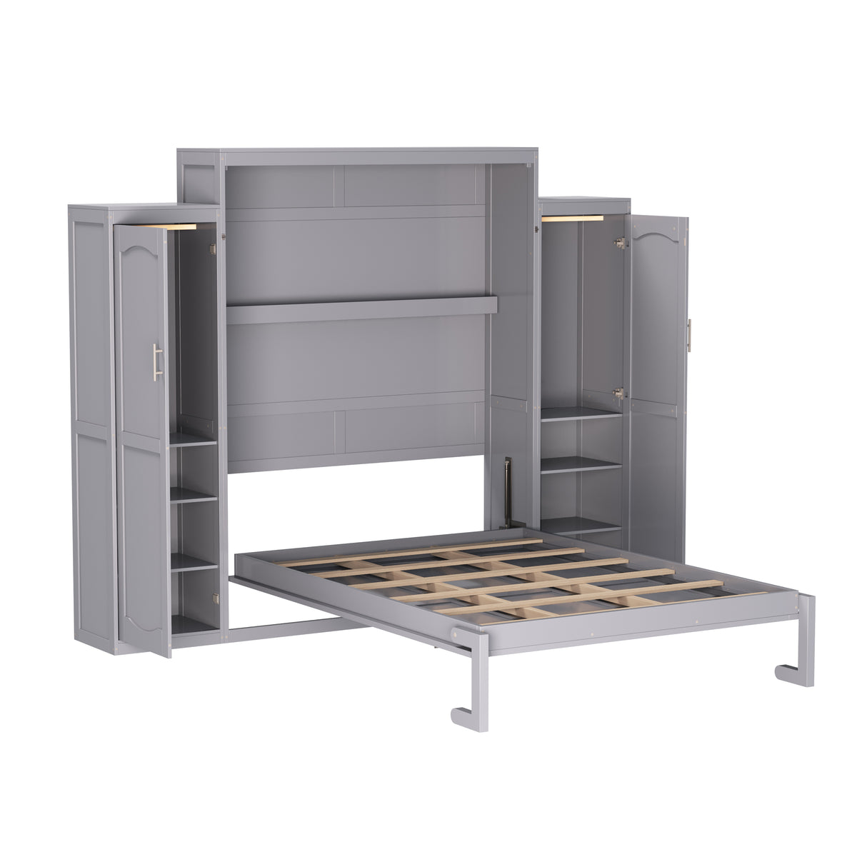 variant-group:rf-n733s235627e|Roomfitters Queen Murphy Wall Bed with Two Wardrobes and Storage Shelf, Foldable Platform Bed Frame for Guest Room, Gray