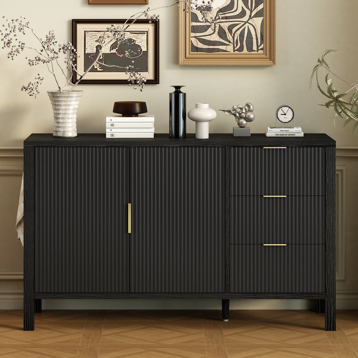 variant-group:rf-n711p345172b|Roomfitters Sideboard Buffet Cabinet with 3 Drawers, 2 Door Mid-century Fluted Accent Storage for Kitchen & Dining, Black