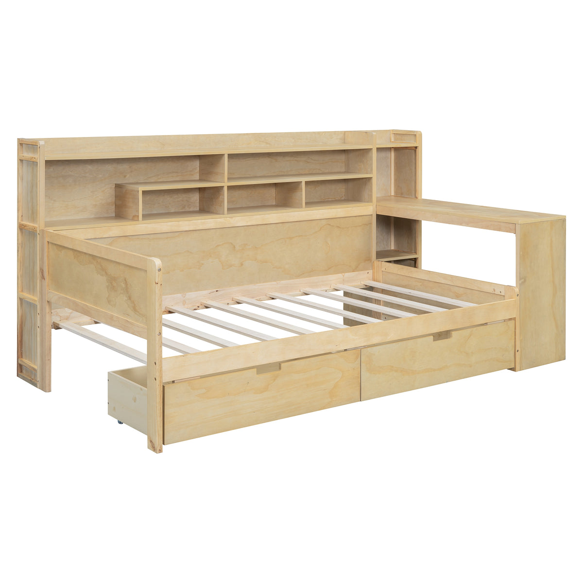 variant-group:rf-n733s241484m|Roomfitters Wooden Twin Size Daybed with Storage Shelves, Multi-functional Bed with Two Storage Compartments and Study Desk, Natural