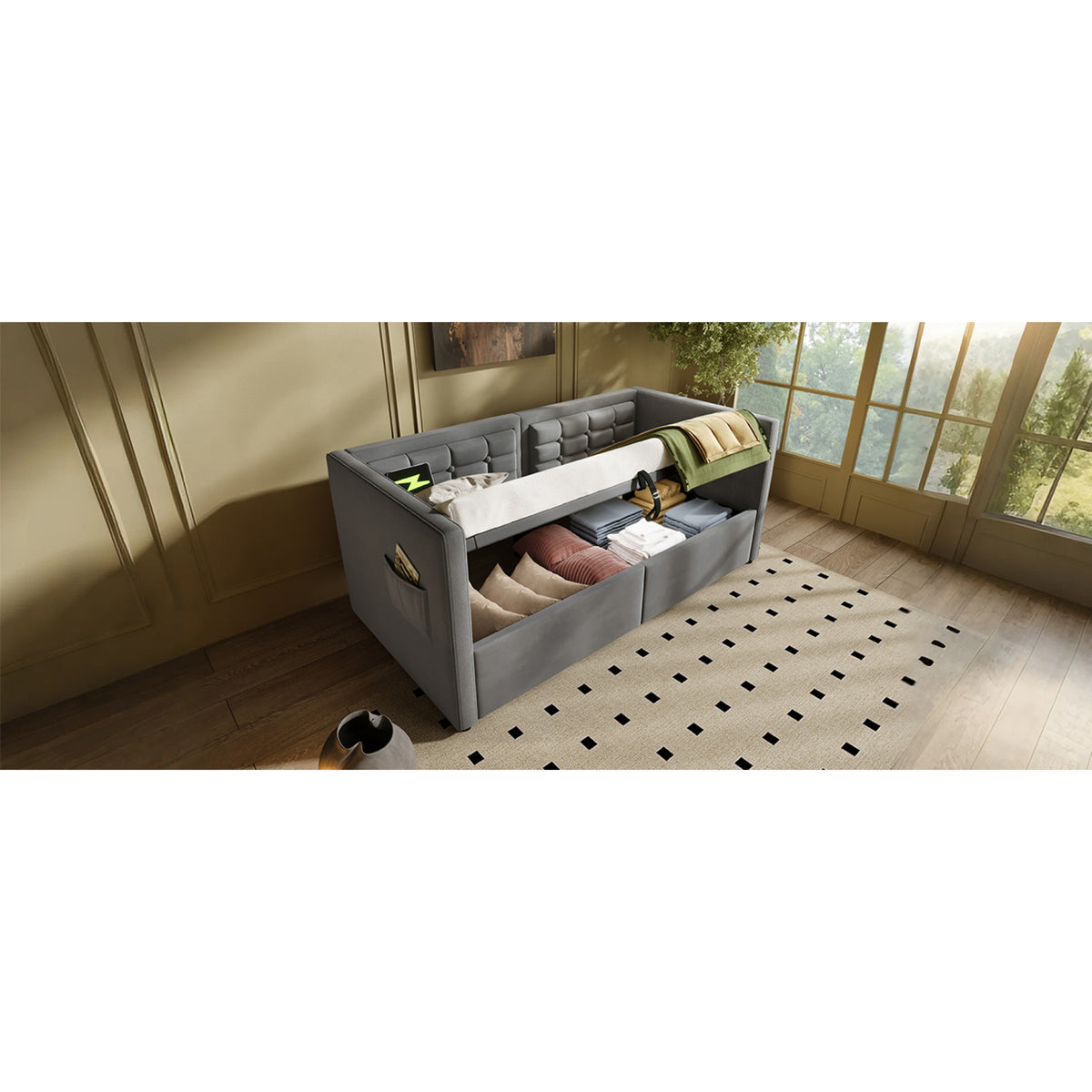 variant-group:rf-n736p303402g|Roomfitters Upholstered Twin Size Daybed with Storage, USB & Type-C Charging, Tufted Sofa Back, Velvet Gray