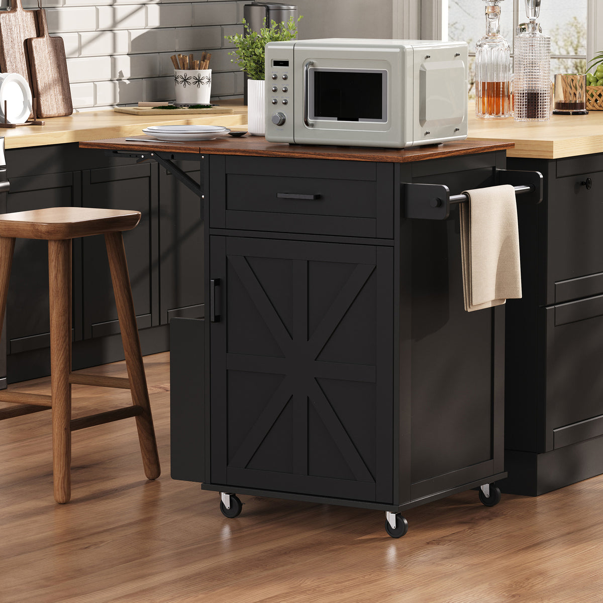 variant-group:rf-n707p404539b|Roomfitters 39.3" Kitchen Island with Drop Leaf, Rolling Kitchen Cart with Storage Drawer and Spice Rack, Modern Style, Black