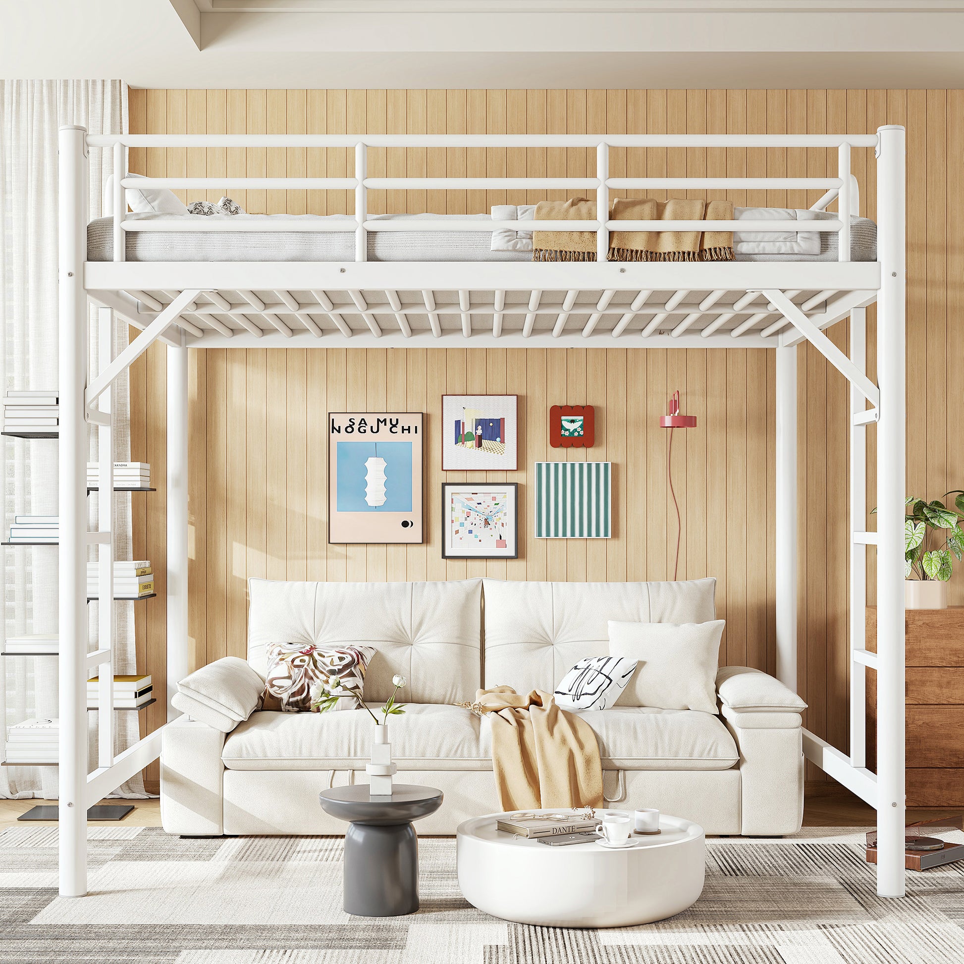 variant-group:rf-w1580p455016|Roomfitters Full Size Metal Loft Bed Frame with Guardrails, Heavy Duty Space Saving High Loft Bed Dual Ladders, White