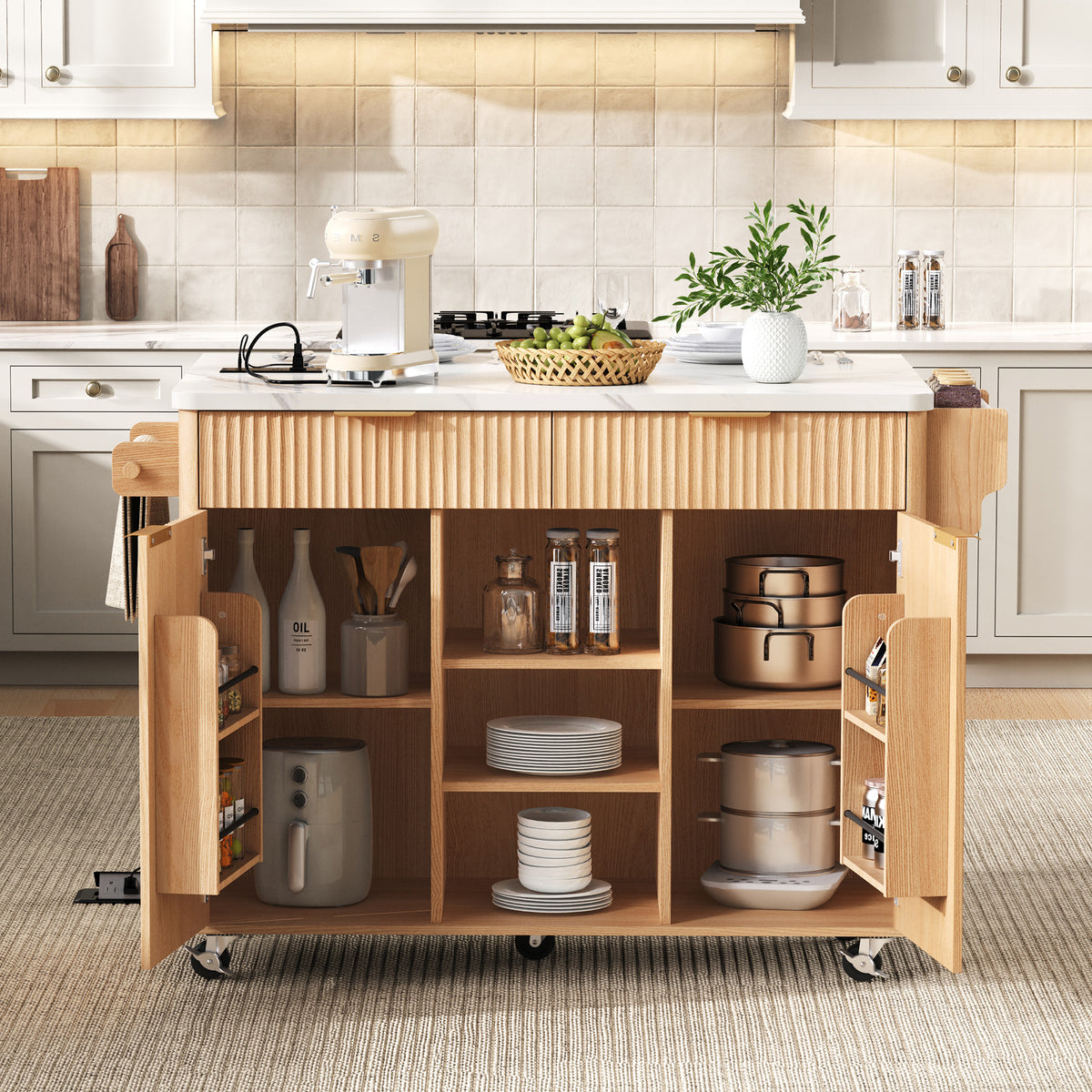 variant-group:rf-n707s000019y|Roomfitters 52" Fluted Kitchen Island with Drop Leaf, Power Outlet & Faux Marble Top, Natural