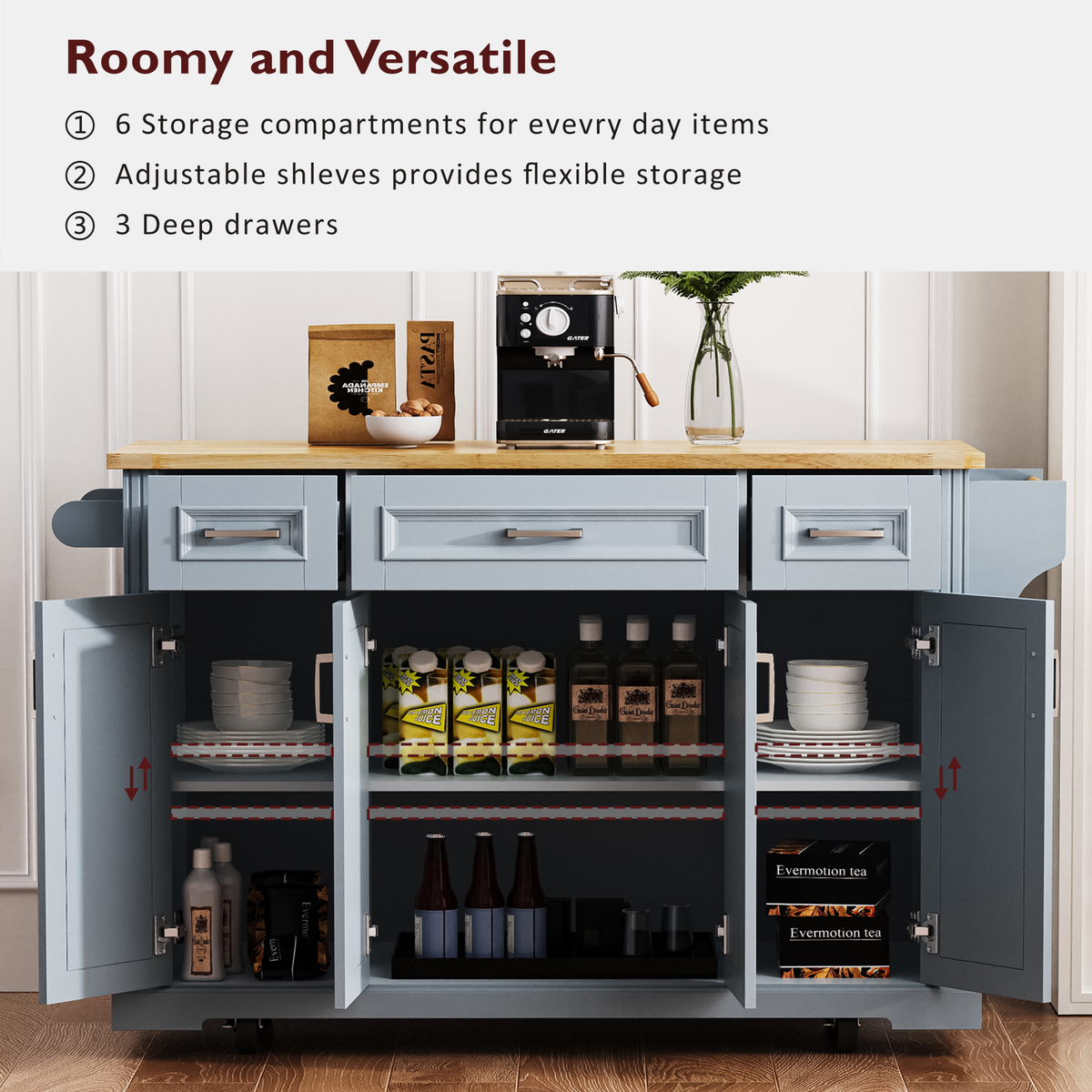 variant-group:rf-n707s195395g|Roomfitters 54" Kitchen Island with Wood Top, Rolling Storage Cabinet with 3 Drawers and 3 Doors, Spice Rack, Grey+Blue