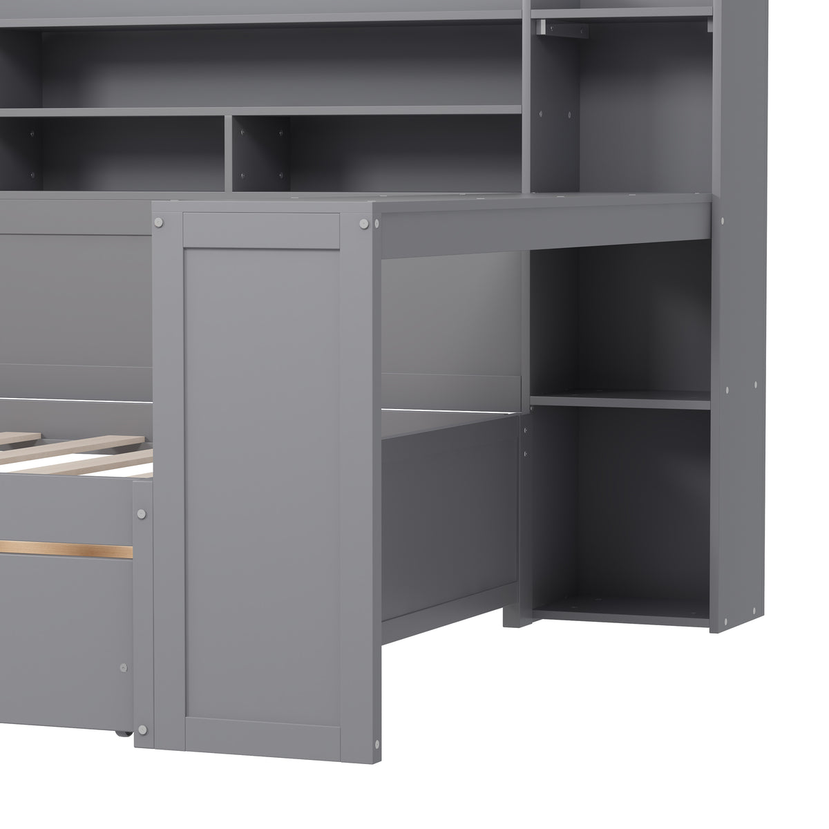 variant-group:rf-n733s241484e|Roomfitters Wooden Twin Size Daybed with Storage Shelves, Multi-functional Bed with Two Storage Compartments and Study Desk, Gray